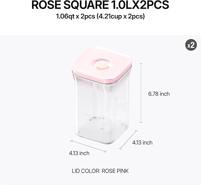 VAKUEN Premium Airtight Food Storage Containers ROSE Pink Lid, 1.0L(1.06qt) x2pcs Container. Patented Double Silicone Lining, 100% Leak Proof, BPA-FREE