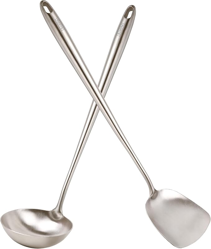 MARTE 17’’ Wok Spatula and Ladle Tools Set，[High Grade,Rustproof, Integral Forming, Heat Resistant],18/10 Stainless Steel Wok Utensils for Cooking，Ergonomic Wok Accessories Set of 2 for Kitchen