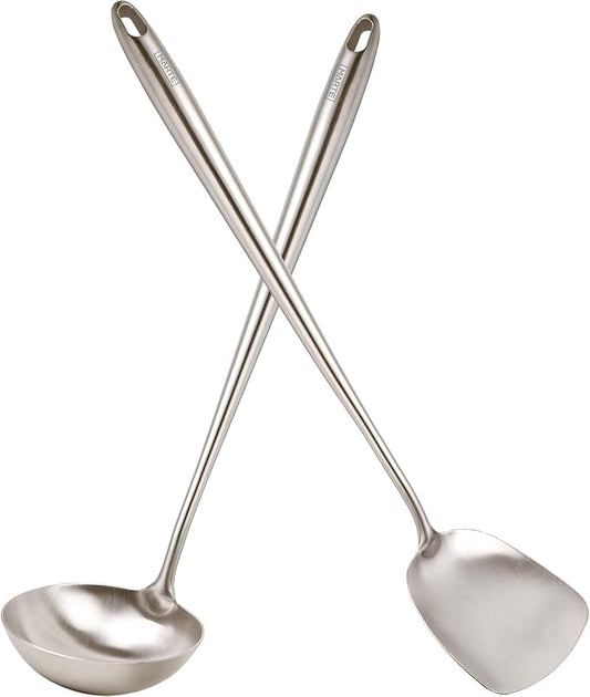 MARTE 17’’ Wok Spatula and Ladle Tools Set，[High Grade,Rustproof, Integral Forming, Heat Resistant],18/10 Stainless Steel Wok Utensils for Cooking，Ergonomic Wok Accessories Set of 2 for Kitchen