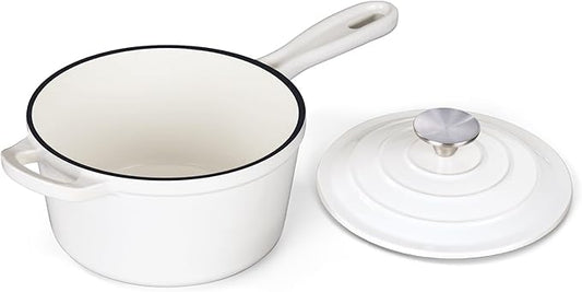 Onader 1QT Sauce Pan, Enameled Cast Iron Saucepan Dutch Oven Pot with Lid, Small Cooking Sauce Pot, Nonstick & Oven Safe – White