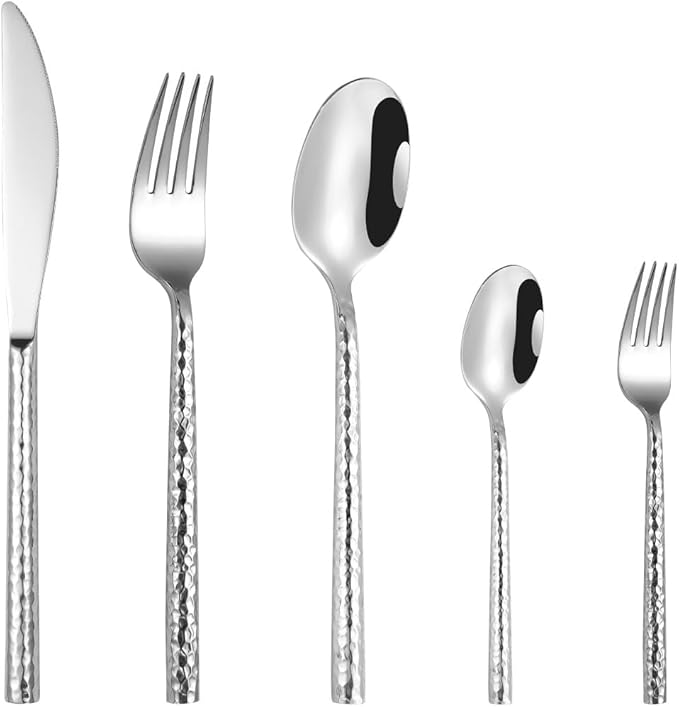 50-Piece Hammered Silverware Flatware Cutlery Set Service for 10,304 Thickened Stainless Steel Cutlery Knife,Fork and Spoon Set,Dishwasher Safe,Gift Package for Wedding Housewarming
