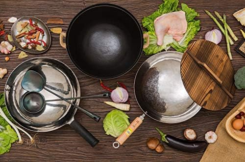 臻三环 ZhenSanHuan Chinese Hand Hammered Iron Woks and Stir Fry Pans, Non-stick, No Coating, Carbon Steel Pow (32CM, Silver - Not Seasoned)