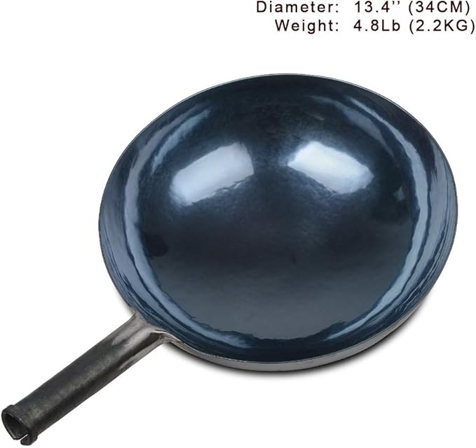 臻三环 ZhenSanHuan Chinese Hand Hammered Iron Woks and Stir Fry Pans, Non-stick, No Coating, Carbon Steel Pow (34CM, Blue Black - Seasoned)