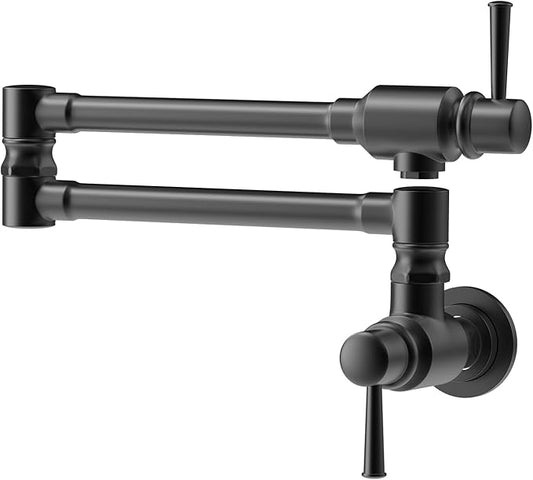 Pot Filler Faucet Matte Black Wall Mount Stainless Steel Pot Filler Commercial Kitchen Sink Faucets Single Hole with Double Joint Folding Swing Arm 2 Handles