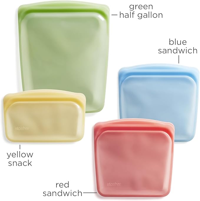 Stasher Premium Silicone Reusable Food Storage Bags, 4-Pack, Multi, Multi-Use Food Storage Bags, Lunch Bag, Travel Containers, BPA Free, Leak-free, Dishwasher-Safe, Eco-friendly