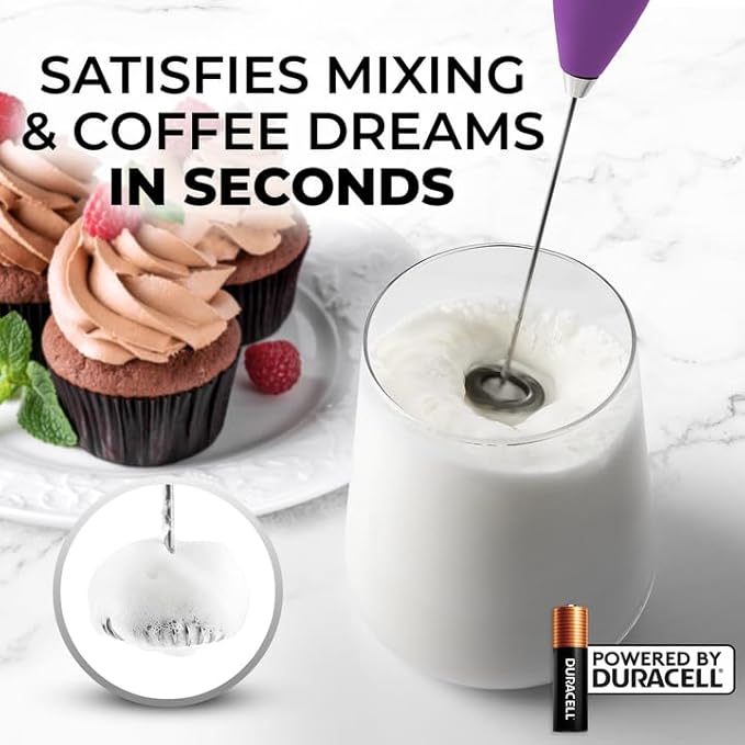 Zulay Kitchen Powerful Milk Frother Wand With 4 AA Duracell Batteries - Ultra Fast Handheld Drink Mixer - Electric Whisk Foam Maker for Coffee, Lattes, Cappuccino, Matcha & Creamer -