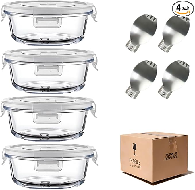 12 OZ Round Glass Food Containers With Lids, 1.5 Cup Small Glass Containers With Lids and Spoons for Office Lunch,Small Round Meal Prep Bowls for Oven, Fridge, Dishwasher safe (4 Pack)