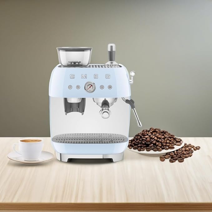 Smeg EGF03 Semi-Automatic Espresso Machine with Built-In Grinder, Dual Thermoblock, 50’s Retro Style – Pastel Blue (120 V)