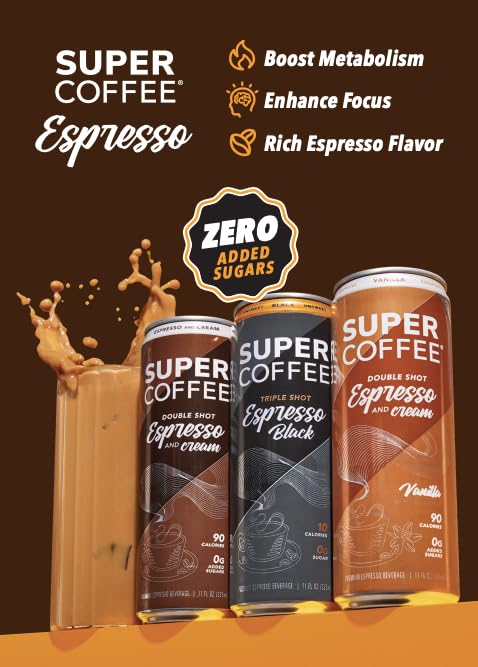 SUPER COFFEE Espresso, Iced Keto Coffee (0g Added Sugar, 90 Calories) [Espresso & Cream] 11 Fl Oz, 12 Pack | Iced Smart Coffee - SoyFree GlutenFree