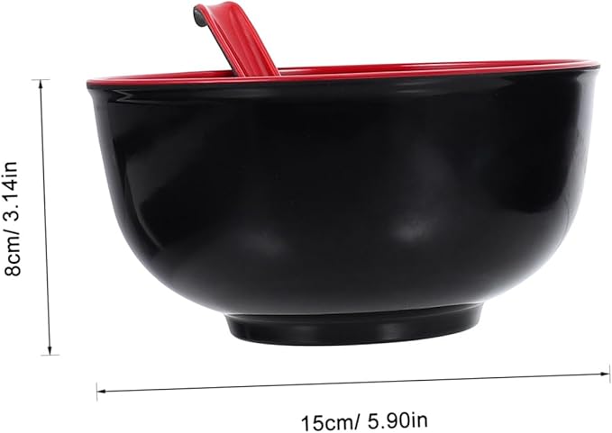 Practical Melamine Ramen Bowls with Dual-color Spoons Black and Red Sturdy Asian Soup Bowls for Rice Noodles Salad Easy to Clean for Family Meals and
