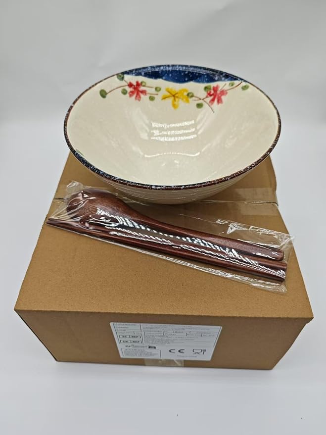 40 OZ ceramic ramen bowls, 8 IN large Japanese noodle soup bowl, match chopsticks and spoons, suitable for Pho, Udon Asian noodles (Colorful flowers)