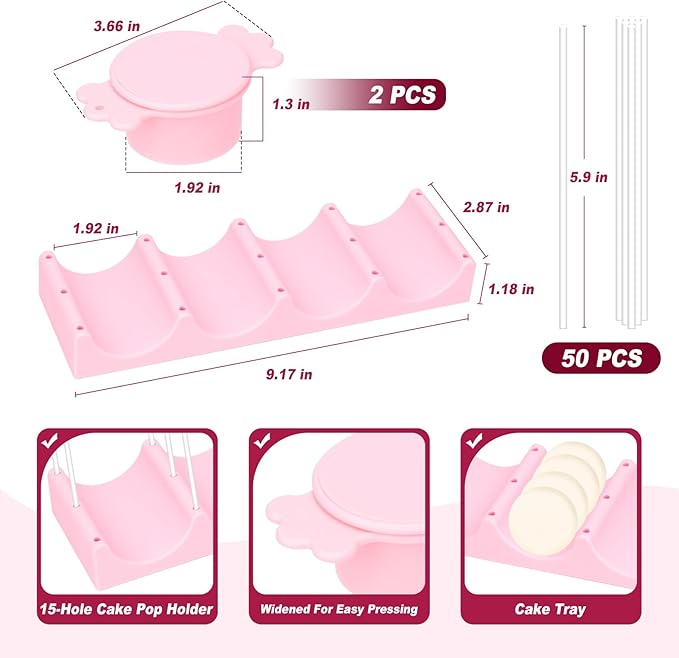 Silicone Cake Pop Mold Set, Round Cake Pop Cutter with Pusher, Tray and 50 Sticks, 15-Hole Cake Pop Holder, DIY Baking Molds Kit for Parties, Wedding, Home Desserts Making - Pink
