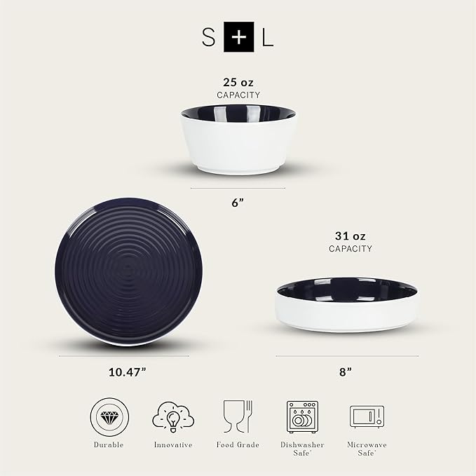 Stone Lain Elica 24-Piece Modern Dinnerware Set Stoneware, Plates and Bowl Sets for 8, Navy and White