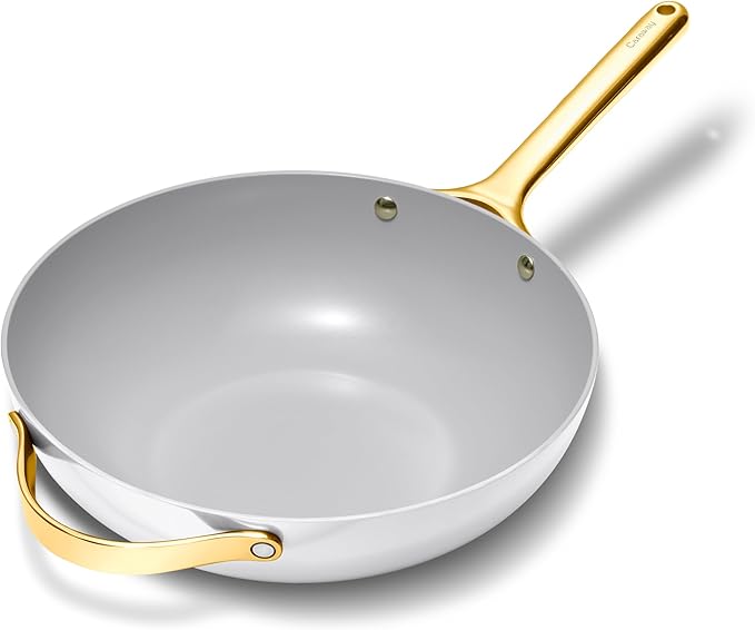 Caraway Non-Stick Stir Fry Pan - 12” Wok-Inspired Pan - Free From Forever Chemicals - High-Sloped Walls - Stainless Steel Handles - White