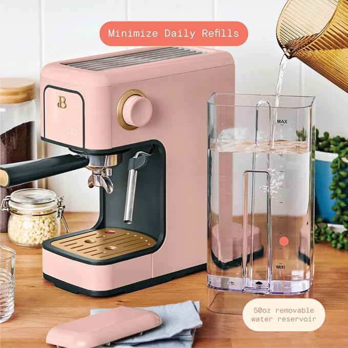 Beautiful Slim Espresso Maker by Drew Barrymore – 20‑Bar Pressure, Dual‑Spout 52 mm Portafilter, 50 oz Removable Tank, 2‑in‑1 Steam Wand & Touch Controls (Rose)