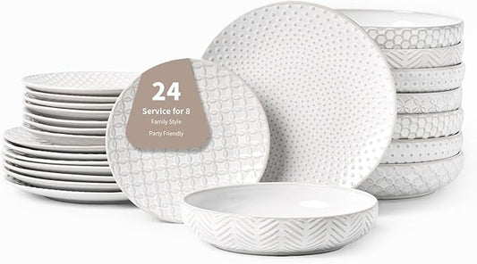 24-Piece Embossed Ceramic Dinnerware Set–8 Dinner Plates, 8 Salad Plates, 8 Pasta Bowls,Elegant & Durable Tableware for Large Families, Dishwasher & Microwave Safe