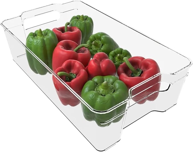 Fridge Fruit Storage Containers Stackable Fruit And Vegetable Storage For Refrigerator - Pantry Bins With Handle - Clear Plastic, BBA-free, 14.8" W x 8.3" D x 3.9" H