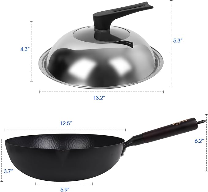 12.5 Inch Carbon Steel Wok For Electric, Induction and Gas Stoves (Lid, Spatula and User Guide Video Included)