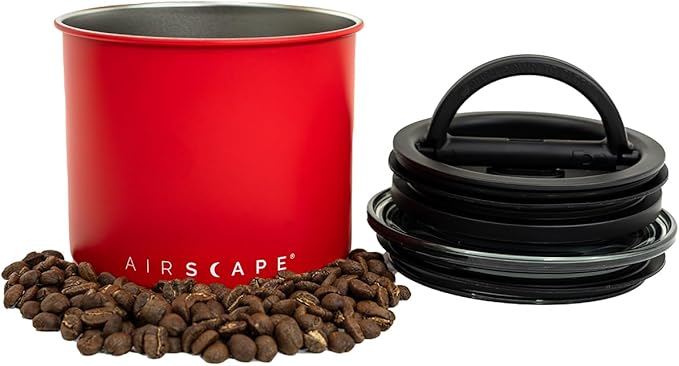 Planetary Design Airscape Stainless Steel Coffee Canister | Food Storage Container | US Patented Airtight Lid | Push Out Excess Air Preserve Food Freshness (Small, Matte Red)