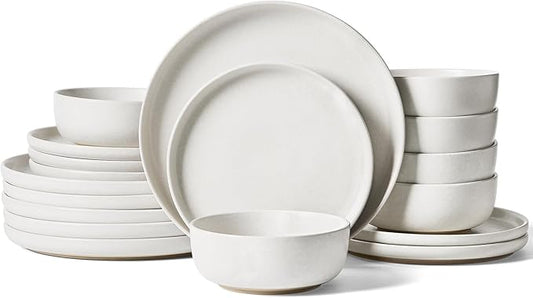 Famiware Milkyway Plates and Bowls Sets, 18 Pieces Dinnerware Sets, Reactive Glaze Dish Set, Stoneware Dishes Set for 6, Matte White