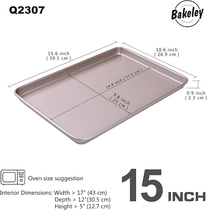 0.8mm 15-Inch Baking Sheet Pan, Non-Stick Carbon Steel Rimmed Cookie Sheet Pan for Oven Roasting Meat Bread Jelly Roll Battenberg Pizzas Pastries 15.6" x 10.6" x 0.96" (Champagne Gold)