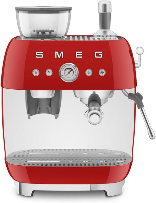 Smeg EGF03 Semi-Automatic Espresso Machine with Built-In Grinder, Dual Thermoblock, 50’s Retro Style – Red (120 V)