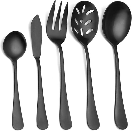 Matte Black Serving Set，SHARECOOK 5-Piece 18/0 Stainless Steel Large Hostess Set with Round Edge, Satin Finished, Dishwasher Safe -Spoons, Forks,Butter Knife& Slotted Spoon