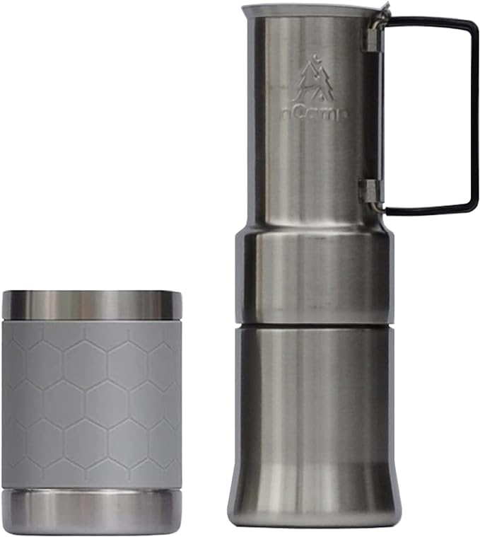 nCamp - Café, Portable Coffee Maker, Portable Espresso Machine, Compact Camping Coffee Maker, Stainless Steel Travel Coffee Maker with Camping Coffee Cup, Reusable, 12 oz
