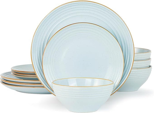 Famiware Jupiter Dinnerware Set, Plates and Bowls Dish Sets for 4 (12 Pieces), Microwave and Dishwasher Safe Stoneware Speckled Tableware, Chip and Scratch Resistant, Light Blue