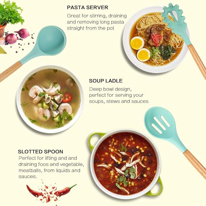 12PCS Kitchen Utensil Set Silicone Cooking Utensils Kit Spatula Heat Resistant Wooden Spoons Gadgets Tool for Non-Stick Cookware