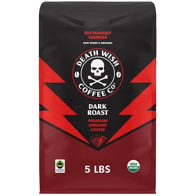 Death Wish Coffee Dark Roast Grounds - Bold Intense Blend of Arabica & Robusta Beans - USDA Organic Ground Coffee - 80 oz.