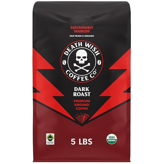 Death Wish Coffee Dark Roast Grounds - Bold Intense Blend of Arabica & Robusta Beans - USDA Organic Ground Coffee - 80 oz.