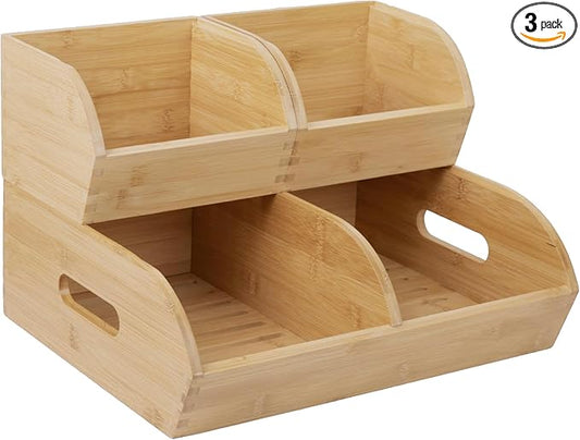 Potato and Onion Storage Bin for Pantry and Kitchen Counter - Ventilated Stackable Bamboo Organizer Baskets with Handles - Multipurpose Organization Containers for Fruit, Vegetable, Pantry - 3 Pack