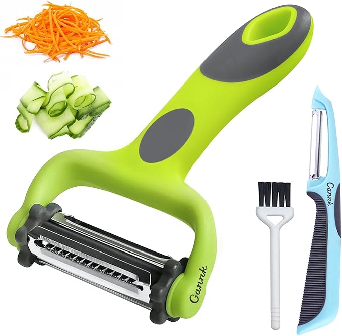 GANNK Potato Apple Vegetable Peelers for Kitchen, I and Y Peelers for Fruit Veggie Potatoes Carrot Cucumber, 3 in 1 Blade Spin Design With Julienne Function