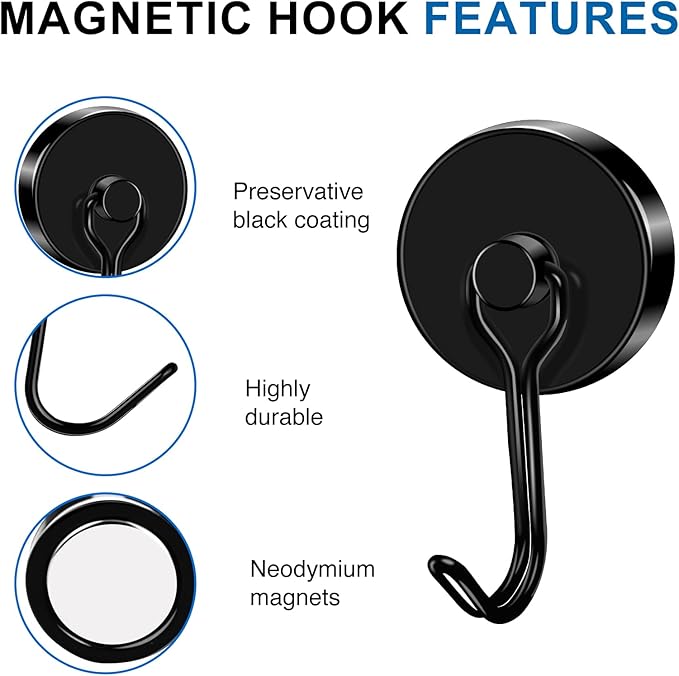 LOVIMAG Hooks, 110lbs+ Magnetic Magnet Hook 2025 Cruise Cabin Ship Essentials Heavy Duty Strong Refrigerator Fridge Hanging for Classroom Beach Vacation Kitchen Grills Home Mug Hanger (6 Pack), Black