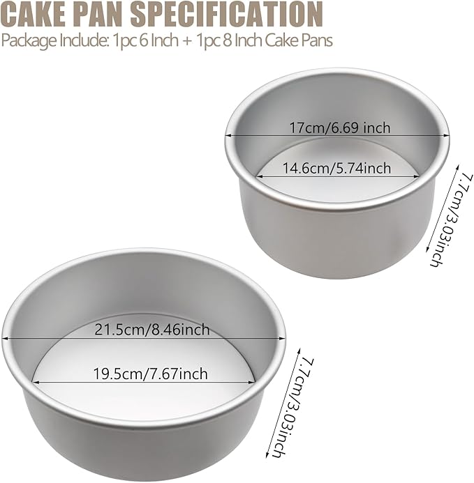 Aluminum Round Cake Pans, 2pcs Nonstick Baking Pan with Removable Bottom 6/8 Inches Cheese Cake Mold Straight Edge for Wedding Birthday Anniversary or Party Event