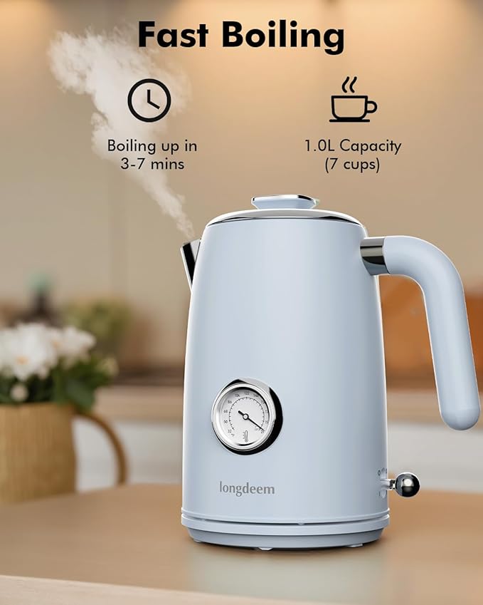 LONGDEEM 1L Small Electric Kettles Stainless Steel, Portable Travel Mini Hot Water Boiler Heater, Cool Touch Teapot, Auto Shut-Off & Boil-Dry Protection for Cooking, Business Trip and More, Blue