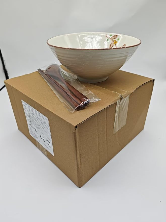 40 OZ ceramic ramen bowls, 8 IN large Japanese noodle soup bowl, match chopsticks and spoons, suitable for Pho, Udon Asian noodles (Flowers and birds)