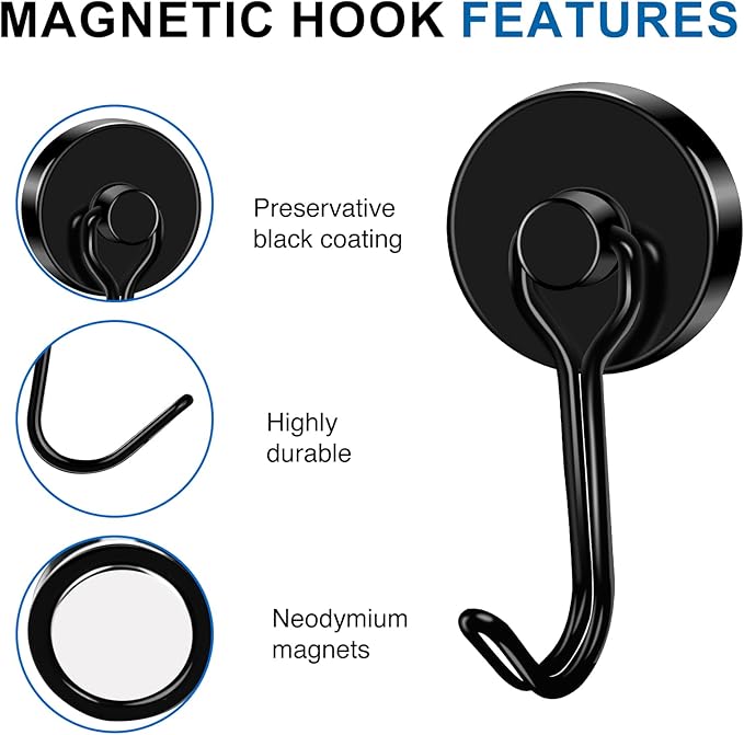LOVIMAG Hooks, 80lbs+ Magnetic Magnet Hook 2025 Cruise Cabin Ship Essentials Heavy Duty Strong Refrigerator Fridge Hanging for Classroom Beach Vacation Kitchen Grills Home Mug Hanger (6 Pack), Black