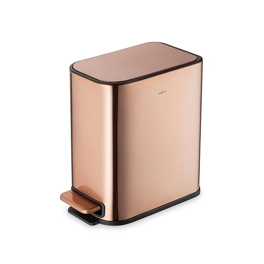 RED FACTOR Slim Small 1.3 Gallon Stainless Steel Pedal Trash Can with Soft Close Lid for Narrow Spaces – Wastebasket Bin with Removable Inner Bucket for Bathroom, Kitchen, Bedroom, or Office (Copper)