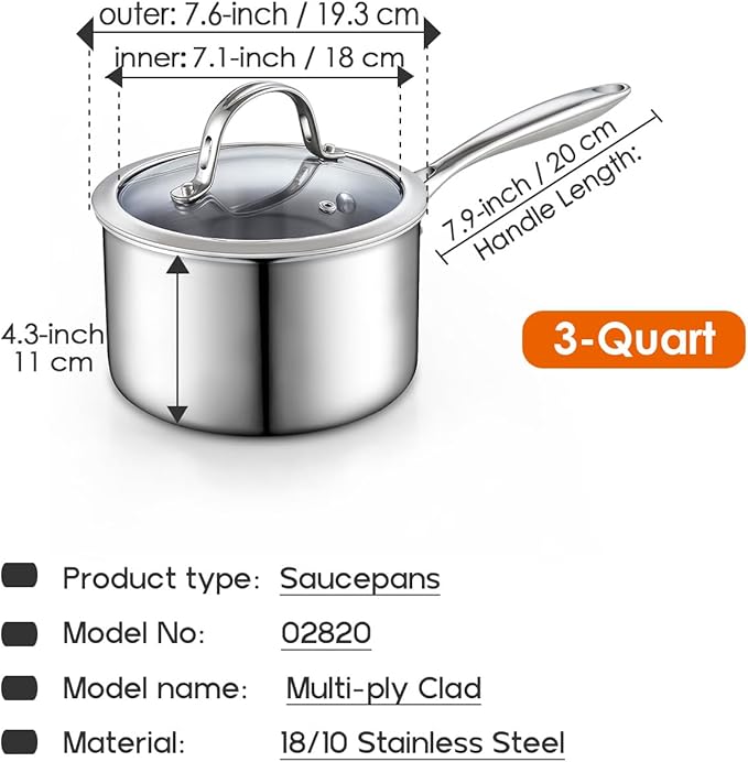 Cooks Standard Stainless Steel Saucepan with Lid, Multi-Ply Clad Sauce Pot 3-Quart, Silver