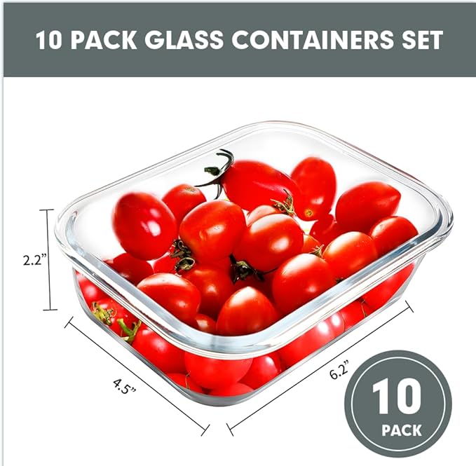 VERONES 10 Pack 22 OZ Glass Meal Prep Containers, Airtight Glass Lunch Containers Set, Glass Food Storage Containers with Lids,Exclusive of BPA, for Microwave, Oven, Freezer & Dishwasher Friendly,Grey