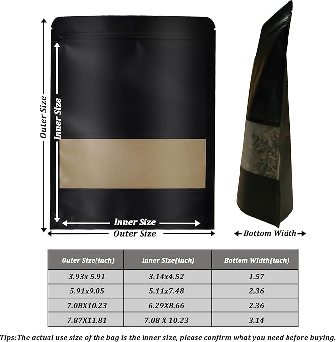 100 PCS Resealable Kraft Paper Bags with Matte Window, Zipper Lock Food Storage Bags - 7.08 * 10.23 Inches, Reusable, Black