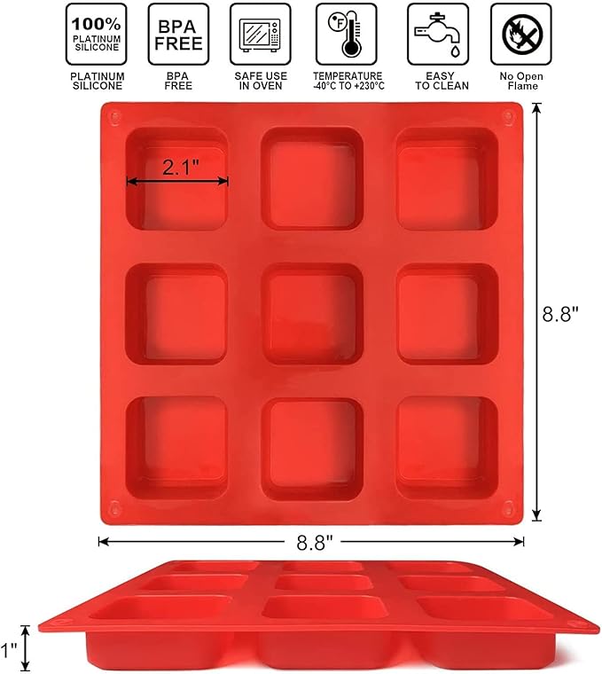 Walfos Silicone Brownie Pan 9-Cavity Non-stick Square Baking Pan, Perfect for Brownies, Cornbread, Muffin and Cakes, BPA Free and Dishwasher Safe, Set of 2