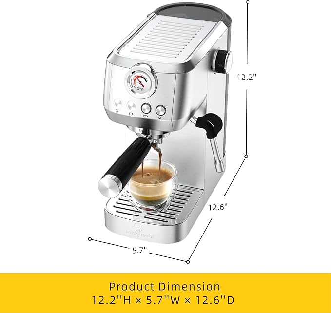 CM1663 Espresso Machine, 20 Bar Compact Coffee Maker with Milk Frother Steam Wand for Cappuccino, Latte, Professional Pressure Gauge & 49oz Removable Water Tank for Home，Stainless Steel