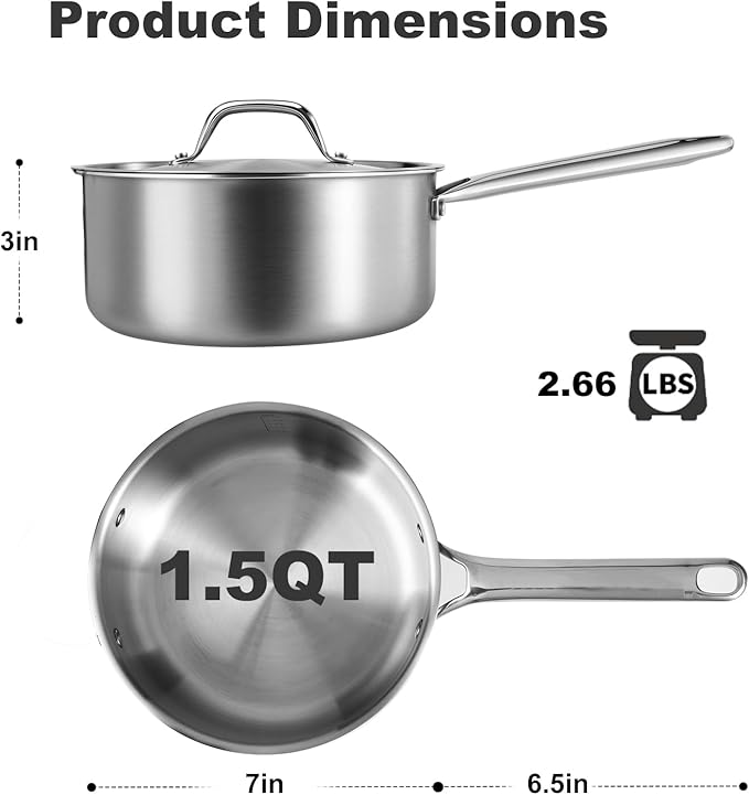 1.5 QT Saucepan with Lid,3-Ply Stainless Steel Saucepan,Professional Grade Cookware,Induction Compatible