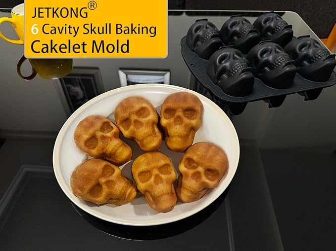 JETKONG 6 Cavity Skull Cake Pan and Silicone Skull Cakelet Mold