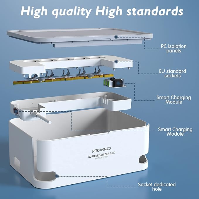 Power Strip with Cable Management Box, Redagod Surge Protector 8 Outlets and 3 USB Ports with Switch Control, 6.6 ft Flat Plug Extension Cord, Organizer Charging Station for Kitchen, Dorm, Office,Home