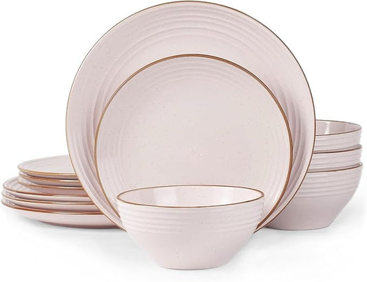Famiware Jupiter Dinnerware Set, Plates and Bowls Dish Sets for 4 (12 Pieces), Microwave and Dishwasher Safe Stoneware Speckled Tableware, Chip and Scratch Resistant, Light Pink
