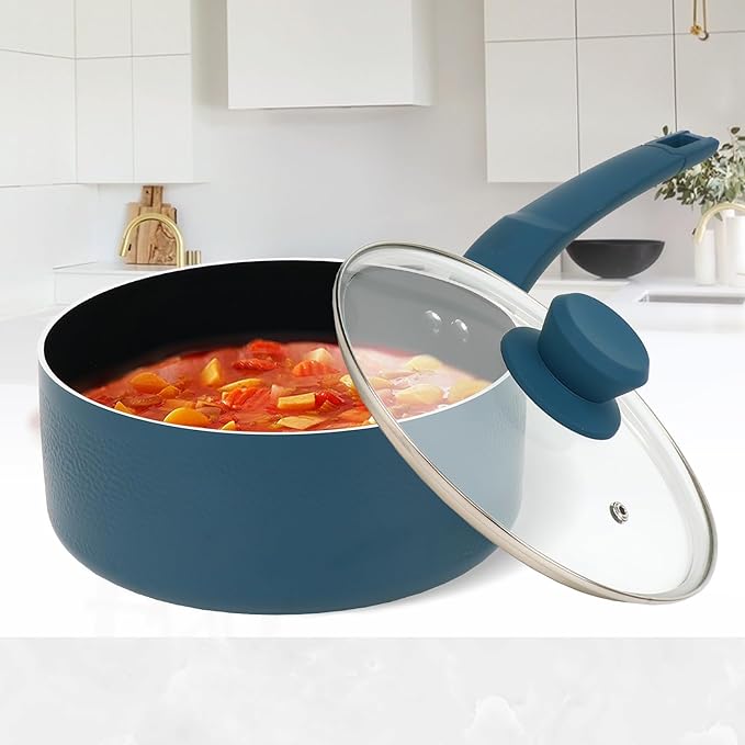 2 Quart Sauce Pan with Lid, Blue Diamond NonStick Small Pot with Tempered Glass Lid, Soft-Touch Handles, Induction Base